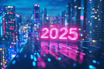 A 3D rendering prominently highlighting the year "2025," featuring a futuristic design with glowing elements, sleek typography, and a modern aesthetic