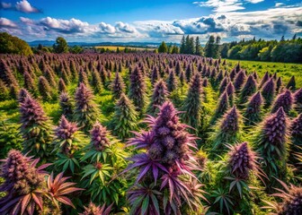Aerial Drone Photography of Lush Black Cherry Cheesecake Strain Cannabis Plants in a Vibrant Green Field Under Clear Blue Skies