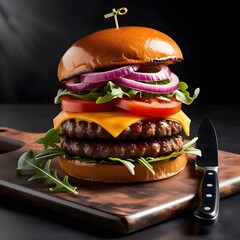 Ultimate Gourmet Burger with Cheddar, Fresh Veggies, and Juicy Meat Patty on a Rustic Board