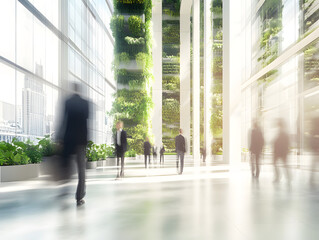 	
Abstract long exposure motion crowd business people walking commercial centre corporate green office in modern city lobby. Green sustainability natural light indoor plants garden environment