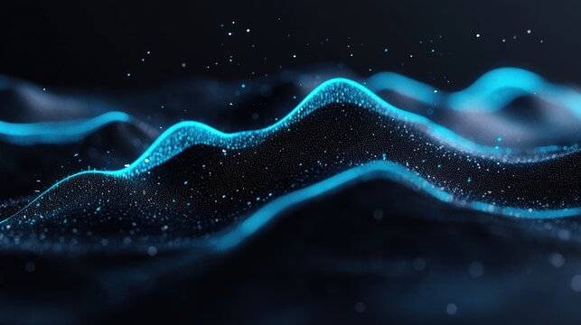 Abstract digital landscape with glowing blue lines and particles on a dark background