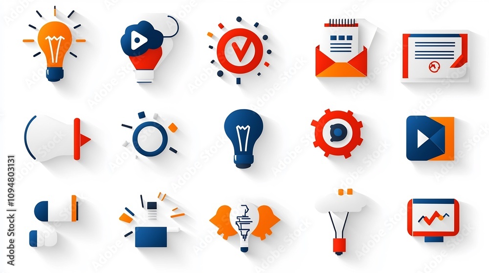 Poster Vibrant of 15 Digital Marketing Icons Depicting Process Flow Teamwork and Business Success  Showcasing a comprehensive set of elements that represent key aspects of digital marketing campaigns