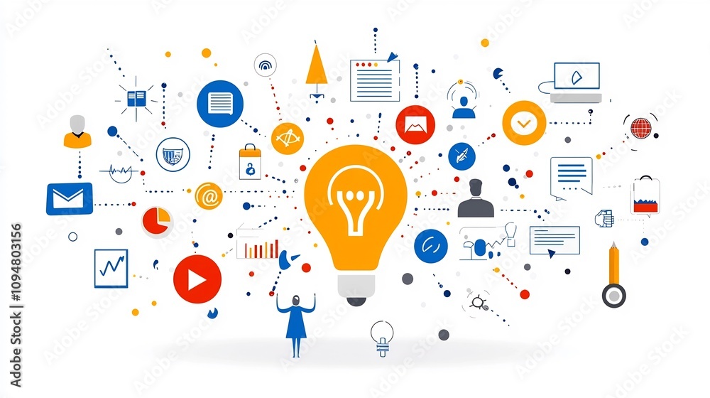 Poster showcasing a collection of digital marketing icons that visually represent the process flow teamwork dynamics and effective communication strategies essential for business success and growth
