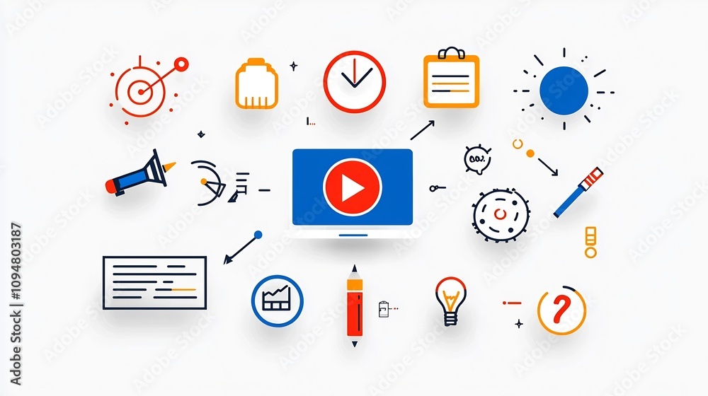Poster Unique set of digital marketing outline icons showcasing essential tasks and strategies for content creation performance tracking project planning and achieving business targets effectively