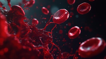 Red blood cells are actively flowing against a dark backdrop, showcasing their crucial role in transporting oxygen throughout the body. This representation emphasizes aspects of human anatomy.