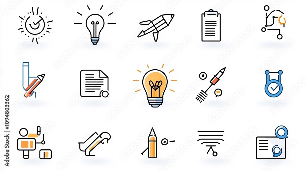 Poster comprehensive outline icon set illustrating digital marketing tactics business strategies project ti
