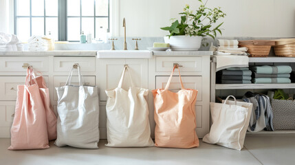 A laundry setup with washable shopping bags neatly folded, showing ease of care and practicality