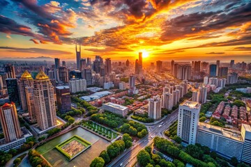 Obraz premium Aerial Photography Capturing Vibrant Urban Landscapes at Sunset with Melodic Hues and Dynamic City Life, Showcasing Architecture and Nature Intertwined in Harmony.