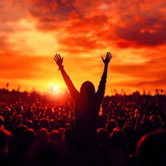 Fototapeta premium A silhouette of a person with raised hands celebrating at sunset during a vibrant outdoor event.
