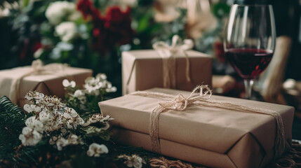 Unique gift arrangement for Valentine's Day celebration with flowers and wine