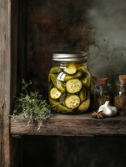 An oldfashioned pickle jar on a rustic shelf, with sour pickles floating in brine, surrounded by fresh herbs and spices