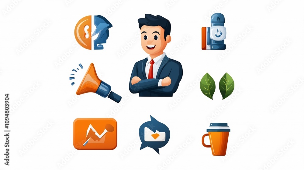 Fototapete A comprehensive set of digital marketing icons designed to visually represent the key elements of workflow project execution teamwork strategies and goal achievement in a modern business environment