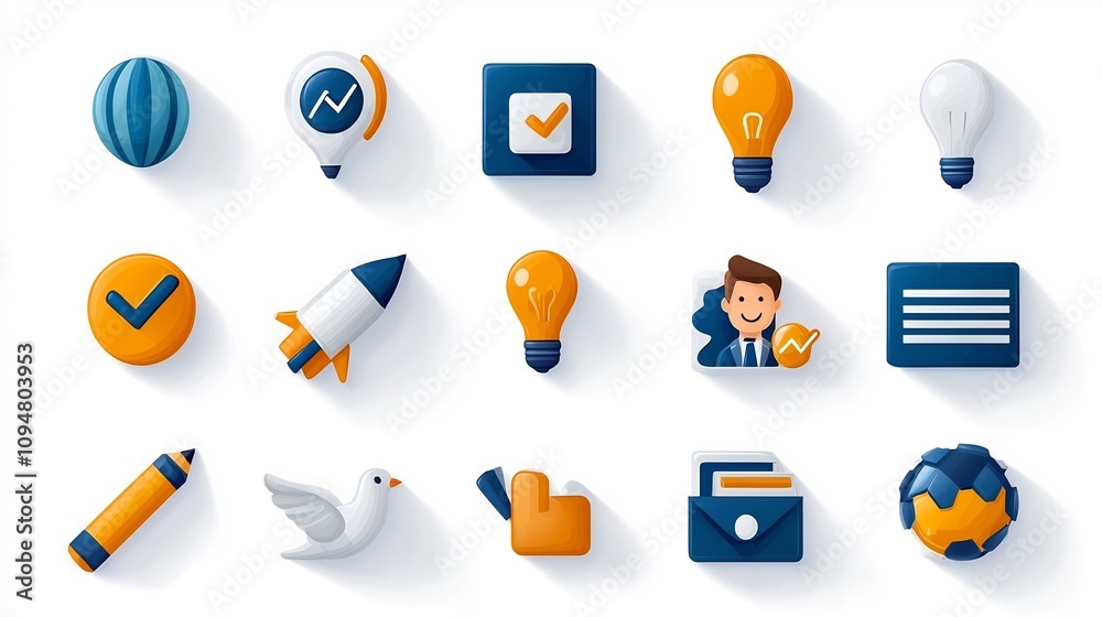 Poster A set of minimalist digital marketing icons designed to reflect teamwork process management target goals and productivity improvement for business planning and strategy optimization