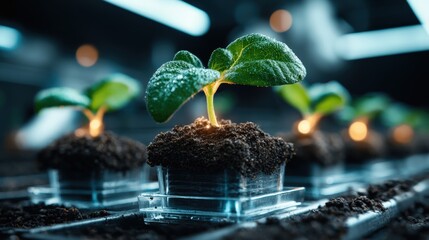 Fresh seedlings growing under LED lights in a modern indoor gardening setup