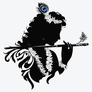 black silhouette krishna playing flute clip art preview