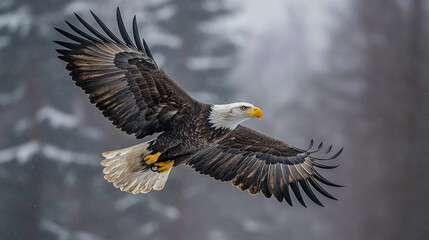 Obraz premium A bald eagle takes flight over a snow-covered forest, showcasing its striking wingspan against the serene winter landscape in the morning light