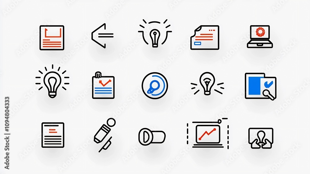 Fototapete Collection of 15 black and white outline icons illustrating key digital marketing concepts such as strategy workflow teamwork and business goals in a simple minimalist graphic design style