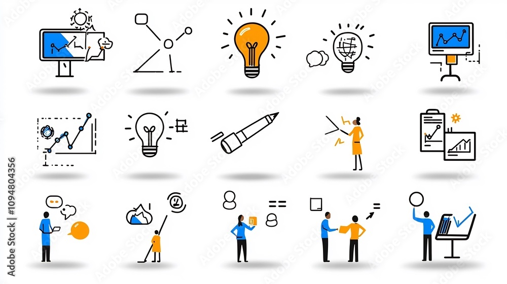 Poster Collection of 15 black and white outline icons showcasing key digital marketing concepts such as strategy workflow teamwork and business goals in a modern minimalist design style