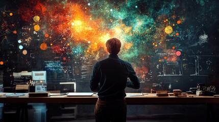 A person admires a breathtaking cosmic mural in a creative workspace, working tirelessly every day toward their vision.
