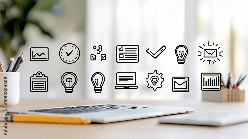 Aufkleber Black and White Outline Set of 15 Digital Marketing Icons Featuring Management Production Work Processes Project Planning and Target Success for Business Planning Analytics and Workflow Optimization