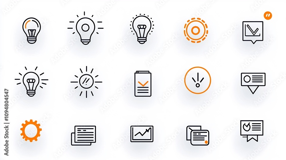 Poster Set of 15 minimalist black and white outline icons representing digital marketing project coordination process flow productivity and success tracking tools and concepts