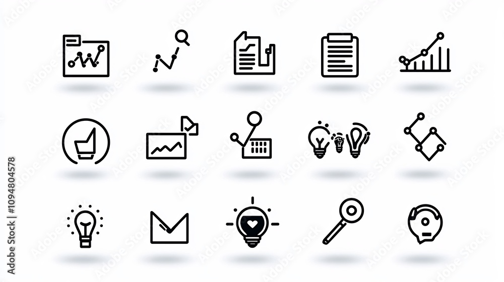 Poster A minimalist set of 15 black and white outline icons designed for digital marketing project coordination process flow productivity tracking and business analytics  These simple