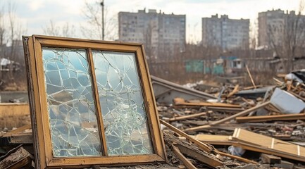 Obraz premium Photo of a broken window frame and shattered glass in the foreground