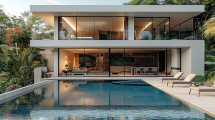A modern luxury house with a minimalist design, featuring large floor-to-ceiling glass windows, clean white walls, and natural stone accents. a sleek infinity pool reflecting the surrounding greenery.