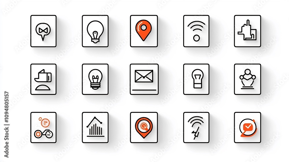 Poster Set of 15 modern black and white outline icons illustrating various aspects of digital marketing such as production teamwork process management and performance tracking