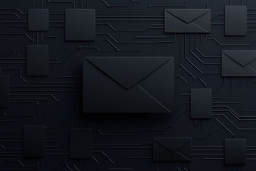 A dark-themed digital background featuring envelopes and circuit patterns, symbolizing communication and technology.