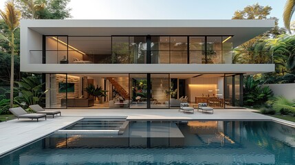 Fototapeta premium A modern luxury house with a minimalist design, featuring large floor-to-ceiling glass windows, clean white walls, and natural stone accents. a sleek infinity pool reflecting the surrounding greenery.