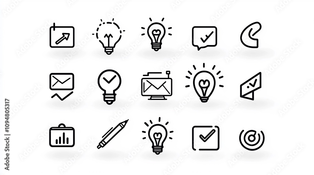 Aufkleber collection of minimalist black and white outline icons symbolizing key digital marketing themes such