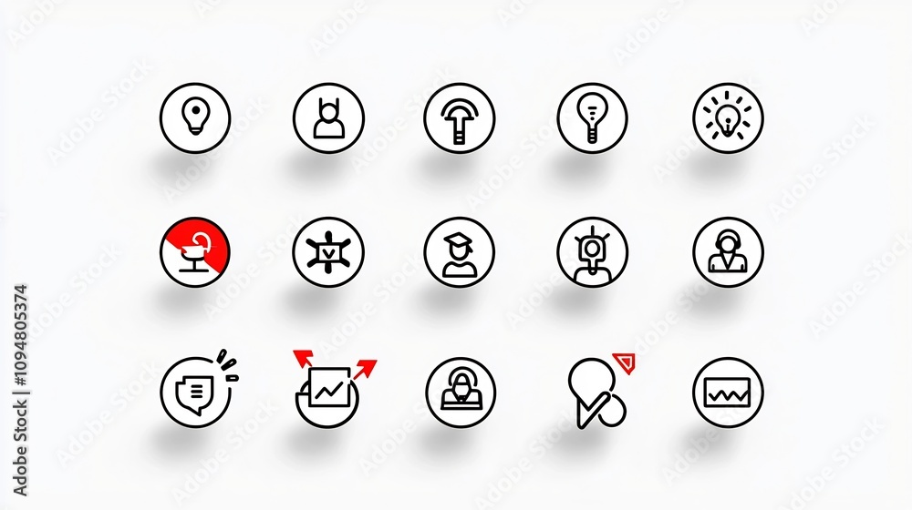 Aufkleber Clean and professional design featuring a set of 15 black and white outline digital marketing icons highlighting concepts like goal setting workflow optimization