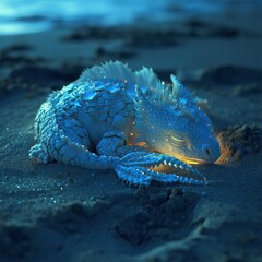 translucent, bioluminescent, flashing, surrealism, a cute little white dragon sleeps on the beach at night, wearing scales made of glowing starfish