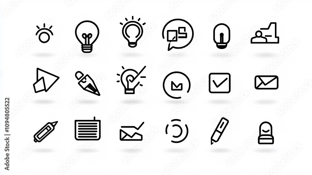 Aufkleber minimalist set of 15 black and white outline icons representing key elements of digital marketing an
