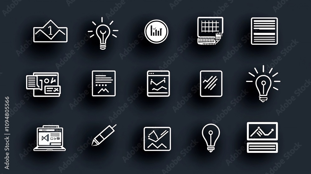 Poster Minimal set of 15 black and white outline icons emphasizing creative production efficient management and success metrics for digital marketing strategies and workflows