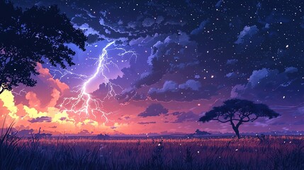 illustration of a lightning storm at night in Africa, 4k image