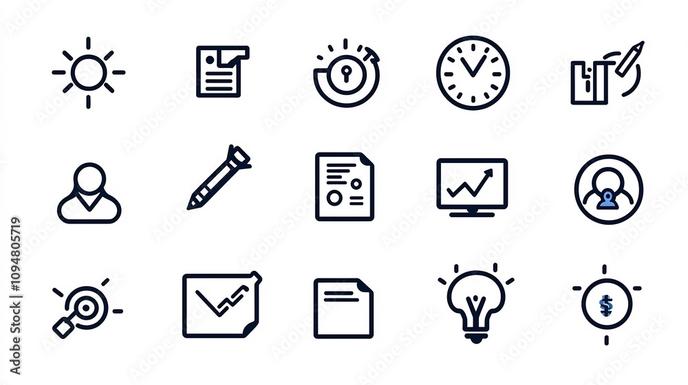 Poster Contemporary minimal black and white outline icon set with 15 designs covering project management workflow process improvement and target success strategies  Clean simple