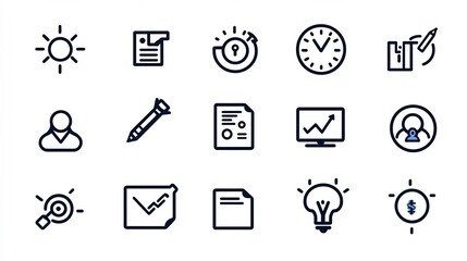 Contemporary minimal black and white outline icon set with 15 designs covering project management workflow process improvement and target success strategies  Clean simple