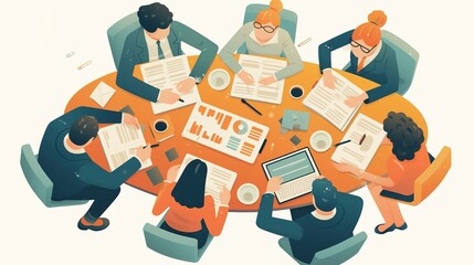 Business Team Analyzing Data: Cartoon-Style Illustration of Professionals Collaborating Around a Table with Tablets, Documents, and Coffee Cups in a High-Quality, Top-Down View