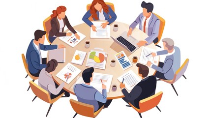 Business Team Analyzing Data: Cartoon-Style Illustration of Professionals Collaborating Around a Table with Tablets, Documents, and Coffee Cups in a High-Quality, Top-Down View