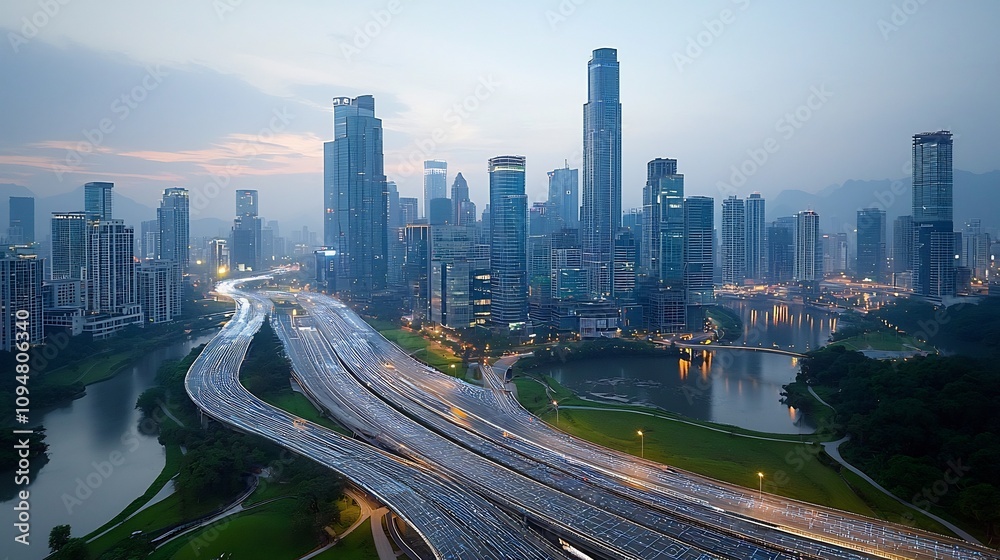 Poster illuminated futuristic cityscape with sustainable digital circuit lights and network nodes modern ur