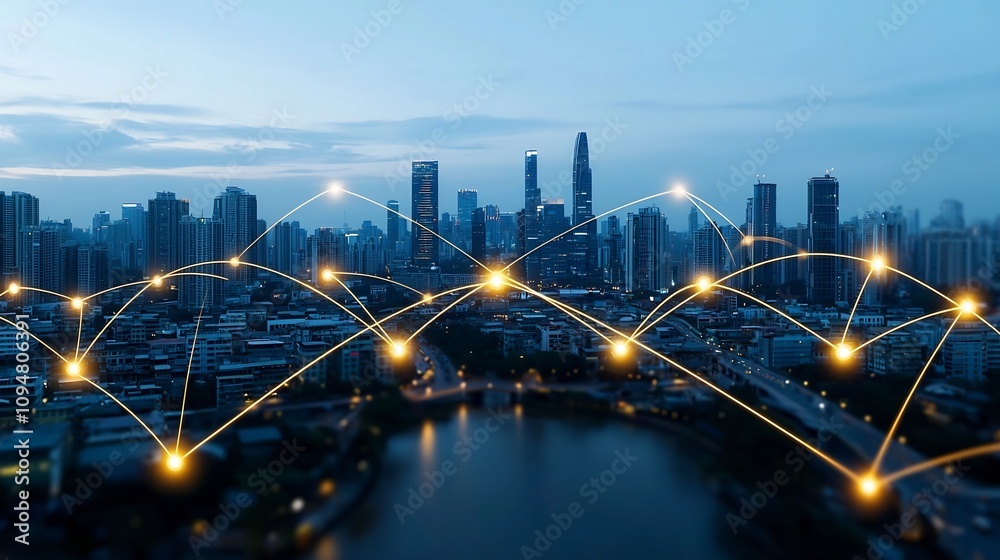 Poster futuristic sustainable city skyline illuminated by digital circuit lights and interconnected network