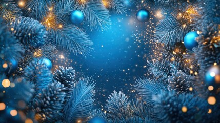 Fototapeta premium Blue ornaments and twinkling lights hang delicately among lush green foliage, enhancing a cheerful holiday spirit in a cozy setting.