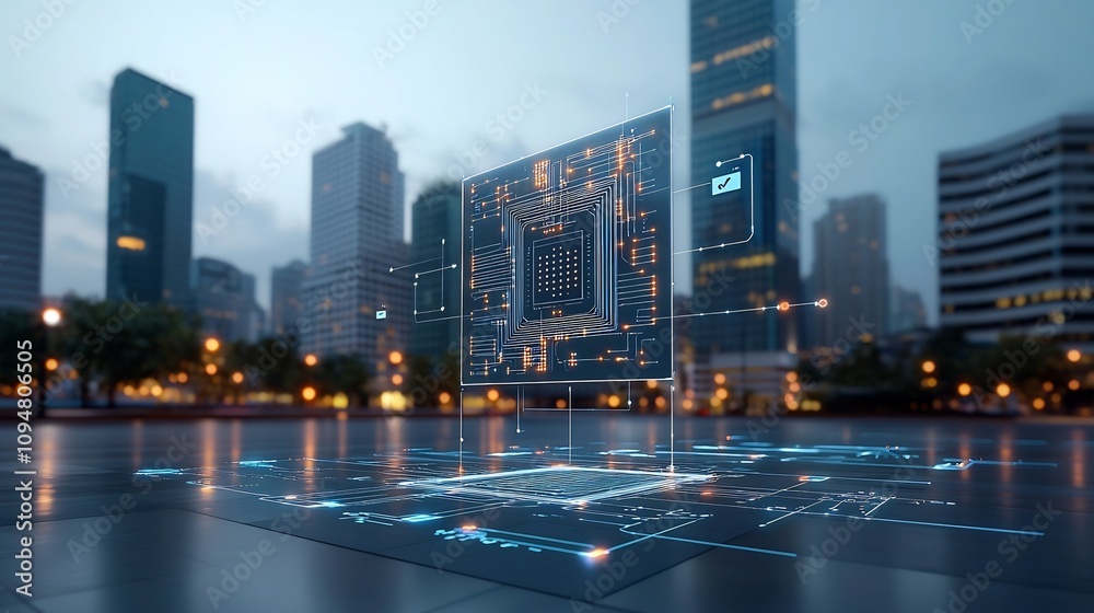 Fototapete Innovative smart city design featuring glowing buildings with circuit like light patterns integrated with a dynamic digital network for a futuristic technology driven urban landscape