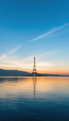 a lighthouse on a calm lake at sunset with tower photography