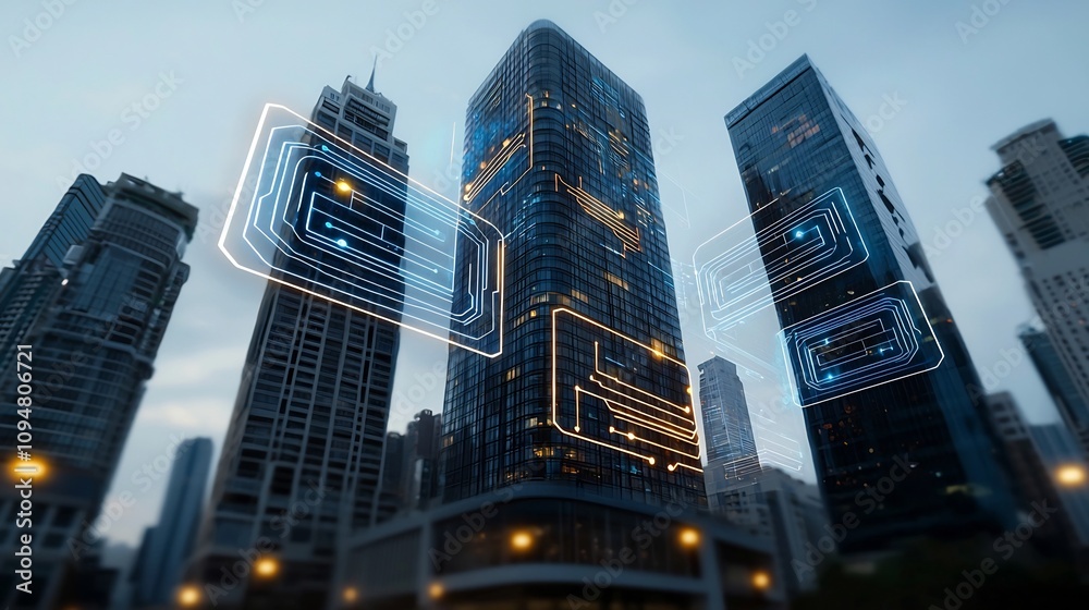 Poster Innovative smart city design featuring glowing buildings with circuit like light patterns integrated with a dynamic digital network
