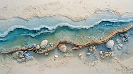 Aerial view of sandbar in serene ocean with seashells  footprints