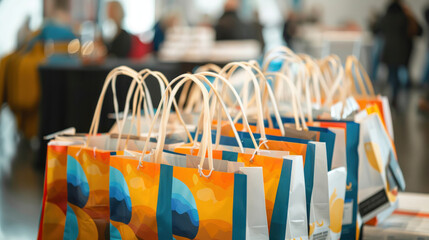 A stack of promotional shopping bags with eye-catching logos, ready for giveaway at a bustling trade show