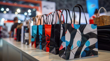 A stack of promotional shopping bags with eye-catching logos, ready for giveaway at a bustling trade show